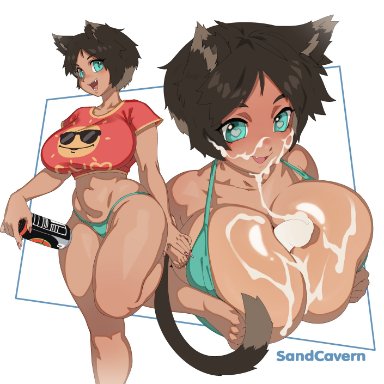 original character, sandcavern, animal ears, big breasts, bra, breasts, cum, cum on breasts, cum on face, dark-skinned female, dark skin, feet, gigantic breasts, huge breasts, massive breasts