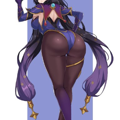 genshin impact, mona (genshin impact), drogod (artist), 1girls, ass, back view, big ass, big breasts, big butt, butt, curvy, female, female only, hat, high heels