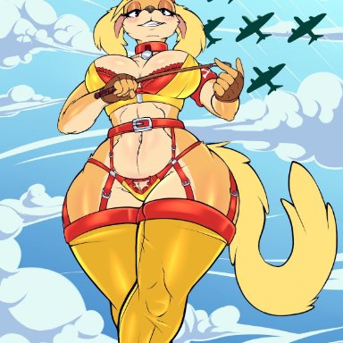 cuphead (game), pilot saluki (cuphead), moko (artist), 1girls, airplane, anthro, anthro only, big breasts, blue sky, bra, breasts, canid, canine, canis, cleavage