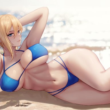 genshin impact, jean gunnhildr, azto dio, 1girls, alternate breast size, arms up, blonde hair, blue eyes, breasts, female, female only, hips, huge breasts, medium hair, slim waist