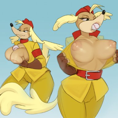 cuphead (game), pilot saluki (cuphead), pulred, anthro, ball, ball in mouth, baseball (ball), belt, big breasts, bottomwear, breasts, canid, canine, canis, clothed