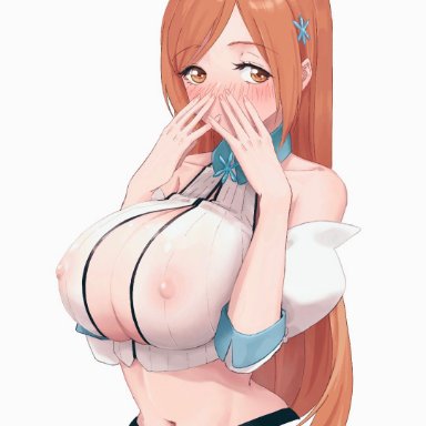 bleach, inoue orihime, 57 (lme piggy117), 1girls, bare shoulders, belly, belly button, big breasts, blush, blush lines, blushing, boobs, breasts, breasts bigger than head, brown eyes