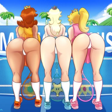 mario (series), mario tennis, nintendo, princess daisy, princess peach, princess rosalina, kogeikun, 3girls, ass, ass focus, ass shot, back, back view, backpussy, bending over