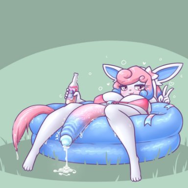 nintendo, pokemon, eeveelution, pok&#233;mon (species), sylveon, limebreaker, 1futa, anthro, bikini, blue hair, breasts, clothed, clothing, furry, futa only