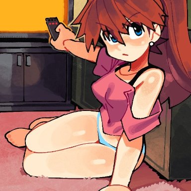 neon genesis evangelion, asuka langley sohryu, wamudraws, blush, breasts, clothing, exposed shoulders, medium breasts, no pants, panties, pantless, shoulders, thick, thick thighs, thighs