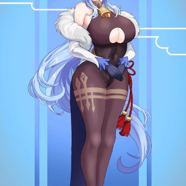 genshin impact, ganyu (genshin impact), drogod (artist), 1girls, bell, big breasts, blue hair, boob window, clothing cutout, cowbell, curvy, curvy figure, female, female only, gloves