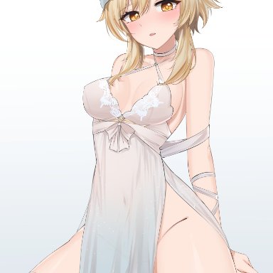genshin impact, lumine (genshin impact), feintheart721, sunny721, 1girl, 1girls, belly button, blonde hair, blush, breasts, clothed, clothes, dress, female, flower