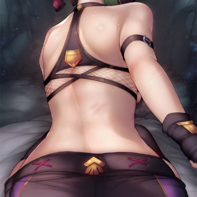 genshin impact, kuki shinobu, kimoshi, 1female, 1girls, ass, ass focus, back, back view, bare shoulders, blush, face mask, female, female focus, female only