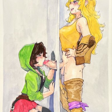 rwby, ruby rose, yang xiao long, reno coffee, 1futa, 1girls, accidental incest, balls, big penis, blonde hair, breasts, brown hair, clothed, clothing, duo