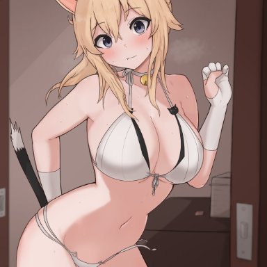 genshin impact, jean gunnhildr, skyhood, animal ears, armpits, bell, bikini, blonde hair, blue eyes, breasts, cat ears, cat girl, cat tail, choker, cleavage