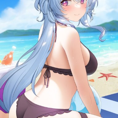 genshin impact, ganyu (genshin impact), fukuro ko (greentea), 1girls, ahoge, aqua hair, ass, ball, bare back, bare shoulders, barefoot, beach, beach towel, big breasts, black bra