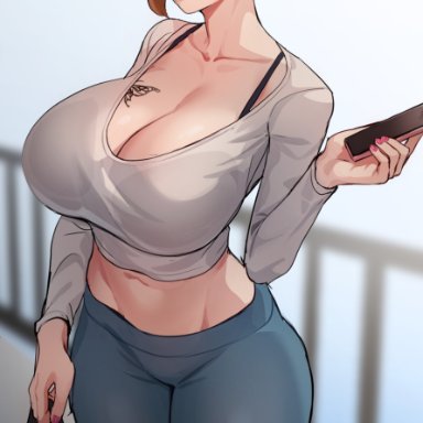 original, original character, 5t (artist), 1girls, angry, breast tattoo, breasts, brown eyes, brown hair, butterfly tattoo, cleavage, clothed, clothed female, female, female only