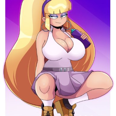 gravity falls, pacifica northwest, sonson-sensei, 1girls, aged up, belt, big breasts, black eyes, blonde hair, bottle, bottomwear, breasts, cleavage, clothing, earrings