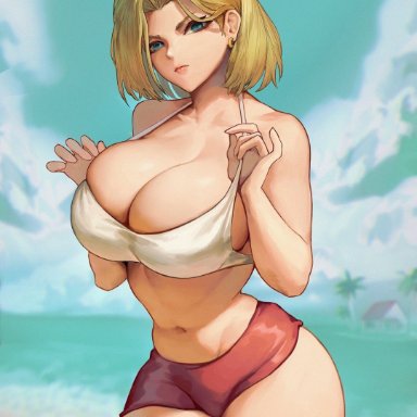 dragon ball, dragon ball z, shounen jump, android 18, sayanestia, 1girls, big breasts, breasts, curvaceous, curvy, curvy figure, skimpy clothes, thick thighs