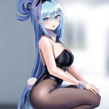 aqua (konosuba), hanasaka houcha, bare shoulders, black high heels, black pantyhose, blue eyes, blue hair, blush, bunny ears, bunny girl, bunny tail, bunnysuit, female only, large breasts, long hair