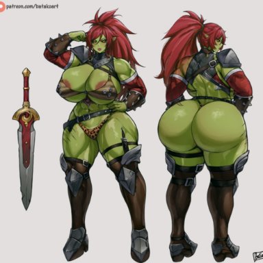 original, original character, batako, areola slip, ass, bikini armor, bubble butt, cleavage, dat ass, female warrior, from behind, gigantic ass, green skin, huge ass, huge breasts