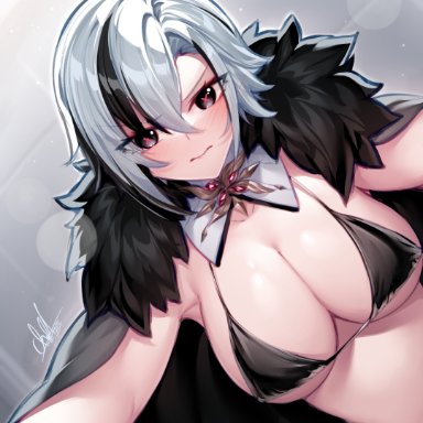 genshin impact, arlecchino (genshin impact), izulizuru, 1girls, bangs, bikini, black bikini, black eyes, black hair, blush, cape, detached collar, female, fur-trimmed cape, fur trim