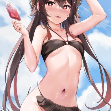 genshin impact, hu tao (genshin impact), skai kun, 1female, 1girls, belly, belly button, bikini, bikini bottom, bikini top, black bikini, black bikini bottom, black bikini top, black bra, black fingernails