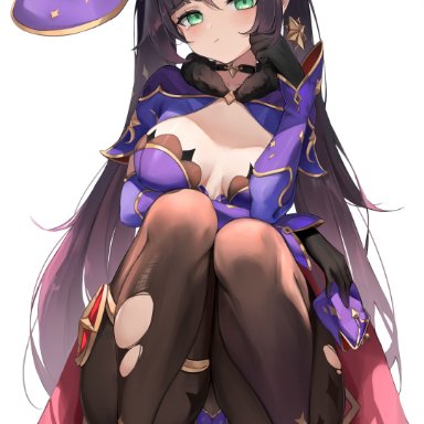 genshin impact, mona (genshin impact), berserker r, 1girls, black hair, blush, breasts, calves, cameltoe, choker, cleavage, earrings, embarrassed, emerald eyes, female