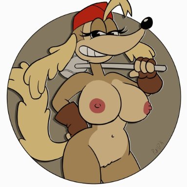 cuphead (game), pilot saluki (cuphead), planz34, anthro, big breasts, bouncing breasts, breasts, canine, huge breasts, looking at viewer, nipples, nude, nude female, smile, smug