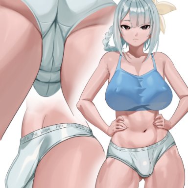 nier (series), kaine (nier), nia4294, nia (nia4294), 1futa, balls, big breasts, breasts, bulge, clothed, clothing, flaccid, futa only, futanari, human