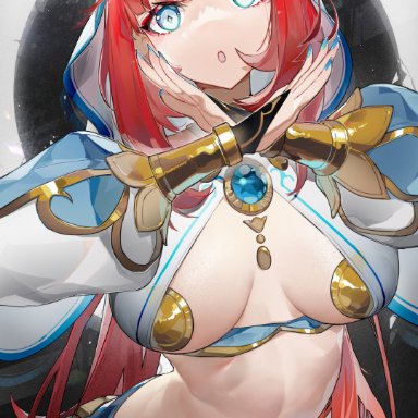 genshin impact, nilou (genshin impact), yushi quetzalli, 1girls, arabian clothes, belly, big breasts, breasts, busty, covered nipples, female, female only, horns, jewelry, large breasts