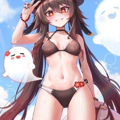 genshin impact, hu tao (genshin impact), beach, belly button, bikini, black bikini, blush, breasts, brown hair, choker, cloud, female, ghost, hat, hu tao