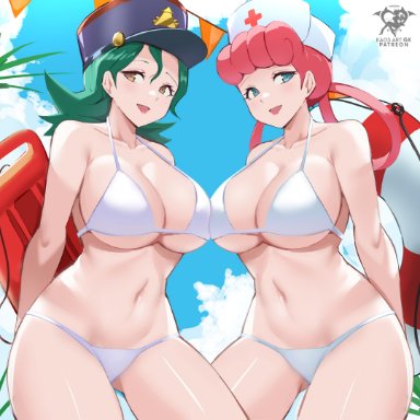 pokemon, pokemon (anime), nurse joy, officer jenny (pokemon), kaos art, 2girls, alternate breast size, beach, blue eyes, breasts, brown hair, cleavage, female, female only, floatie