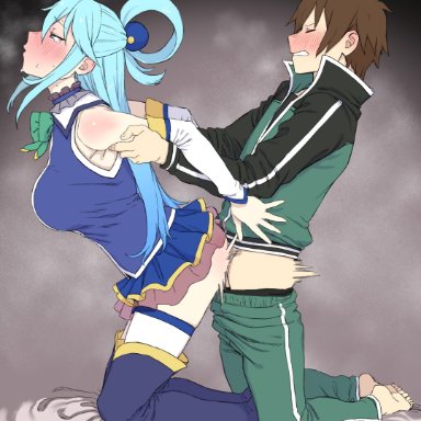 aqua (konosuba), satou kazuma, t303, 1boy, ass, bangs, bare shoulders, black pants, blue eyes, blue footwear, blue hair, boots, breasts, brown hair, female