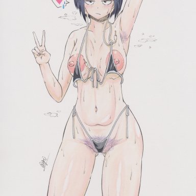 my hero academia, kyoka jiro, @gi, 1girls, armpit hair, armpits, ass visible through thighs, big areola, bikini, bikini top removed, black eyes, blue hair, breasts, collarbone, eyebrows