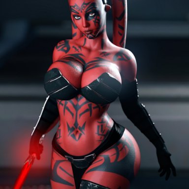 star wars, darth talon, twi'lek, rude frog, alien, alien girl, big breasts, bikini, curvaceous, curvy, gloves, huge breasts, large breasts, lightsaber, looking at viewer