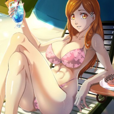 bleach, inoue orihime, aboart, 1girls, abs, areolae, athletic, athletic female, beach, beach chair, beach umbrella, bikini, blonde hair, breasts, bust