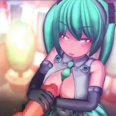 vocaloid, hatsune miku, deskoidara, 1boy, 1boy1girl, 1female, 1girl, 1girl1boy, 1girls, 1male, aqua eyes, aqua hair, between breasts, blowjob, clothed