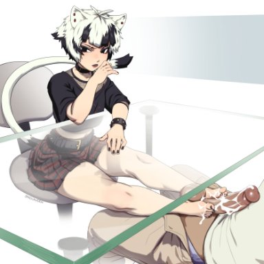 original character, sandcavern, animal ears, big penis, cum, cum on feet, cum on penis, feet, footjob, footjob under table, penis, short hair, skirt, tail, thighs