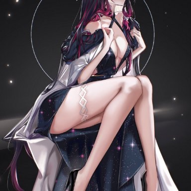 genshin impact, columbina (genshin impact), ringeko chan, bangs, black dress, black footwear, black hair, breasts, cleavage, coat, coat on shoulders, collarbone, criss-cross halter, dress, expressionless