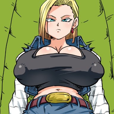 dragon ball, dragon ball super, dragon ball z, shounen jump, android 18, rickert kai, 1girls, belly button, big breasts, blonde hair, breasts, crop top, cyborg, erect nipples, female