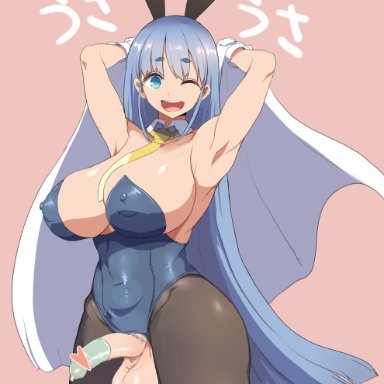 original, ubanis, 1futa, ;d, animal ears, aqua eyes, armpits, arms up, balls, big breasts, big penis, black legwear, blue hair, breasts, clothed