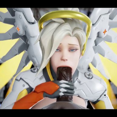 blizzard entertainment, overwatch, mercy, aphy3d, 1boy, 1boy1girl, 1female, 1girl, 1girl1boy, 1girls, 1male, blowjob, clothed, clothed female nude male, dark-skinned male