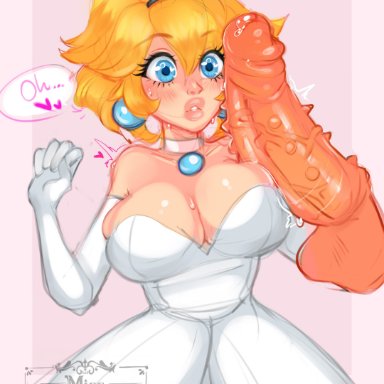 mario (series), nintendo, super mario odyssey, bowser, princess peach, missbehaviour, 1girls, big breasts, blonde hair, cleavage, disembodied penis, dress, elbow gloves, imminent sex, looking at penis