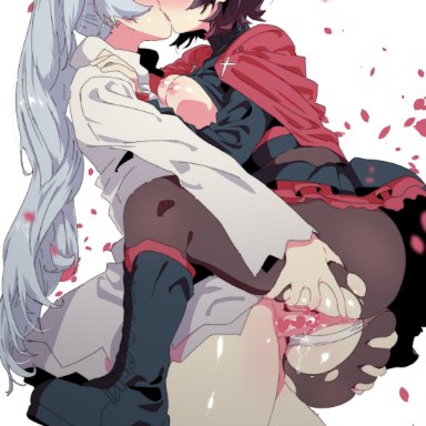 rwby, ruby rose, weiss schnee, hahahawo, 1futa, 1girls, black hair, blue eyes, blush, boots, breasts, cape, clothed, clothing, dress