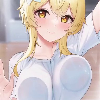 genshin impact, lumine (genshin impact), fukuro ko (greentea), 1female, 1girl, 1girls, against glass, arm up, blinking, blonde hair, blush, breast press, breasts, breasts on glass, closed mouth