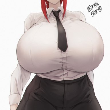 chainsaw man, makima (chainsaw man), dr. killerwhale, 1girls, ?, big breasts, black pants, clothed, clothing, gigantic breasts, huge breasts, pants, red hair, smile, smiling