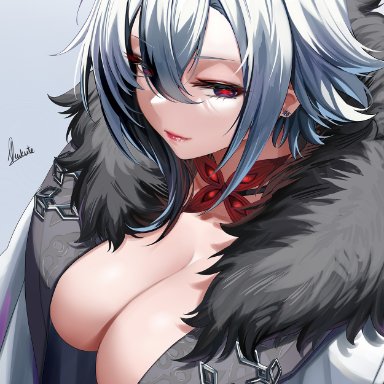 genshin impact, arlecchino (genshin impact), piukute062, 1girls, breasts, cleavage, coat, coat only, female, female only, fur collar, huge breasts, long hair, naughty face, red eyes