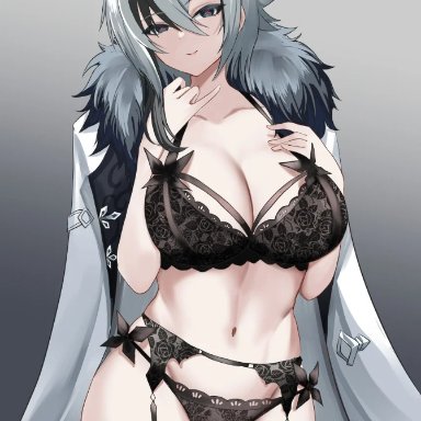 genshin impact, arlecchino (genshin impact), tian kazuki, 1girls, black eyes, bra, lingerie, only female, smile, underwear, white hair, simple background