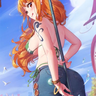 one piece, shounen jump, nami, sanji, mitsu art, 1girls, ass, ass focus, big ass, bikini top, clima-tact, female focus, ginger, jeans, large ass