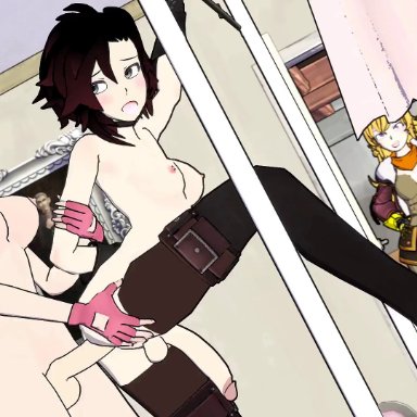 rooster teeth, rwby, blake belladonna, nora valkyrie, ruby rose, yang xiao long, sfmslayer, anal, arms behind back, ass, bed, blonde hair, boots, breasts, cum in ass