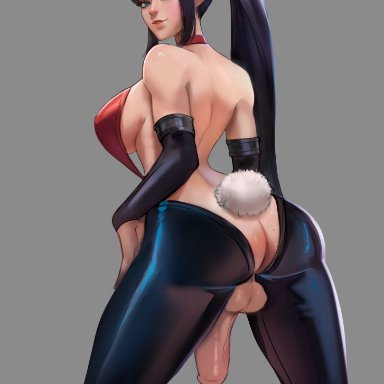 league of legends, riot games, irelia xan, mimi milky, 1futa, back, back view, balls, big penis, black hair, breasts, bunny tail, bunnysuit, clothed, clothing