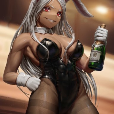 my hero academia, miruko, rumi usagiyama, numanoan, abs, animal ears, breasts, bunny ears, bunny girl, bunnysuit, dark-skinned female, dark skin, leotard, muscular female, muscular thighs