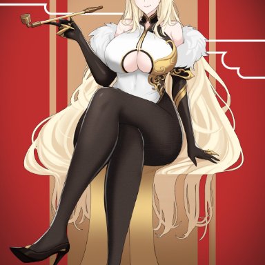 genshin impact, ningguang (genshin impact), drogod (artist), 1girls, big breasts, boob window, clothing cutout, crossed legs, female, female only, hair ornament, high heels, large breasts, long hair, looking at viewer