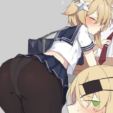 genshin impact, fischl (genshin impact), lumine (genshin impact), kkry99, 1boy, 2girls, ass, bag, bent over, blonde hair, blue skirt, brown legwear, crop top, crop top overhang, duffel bag